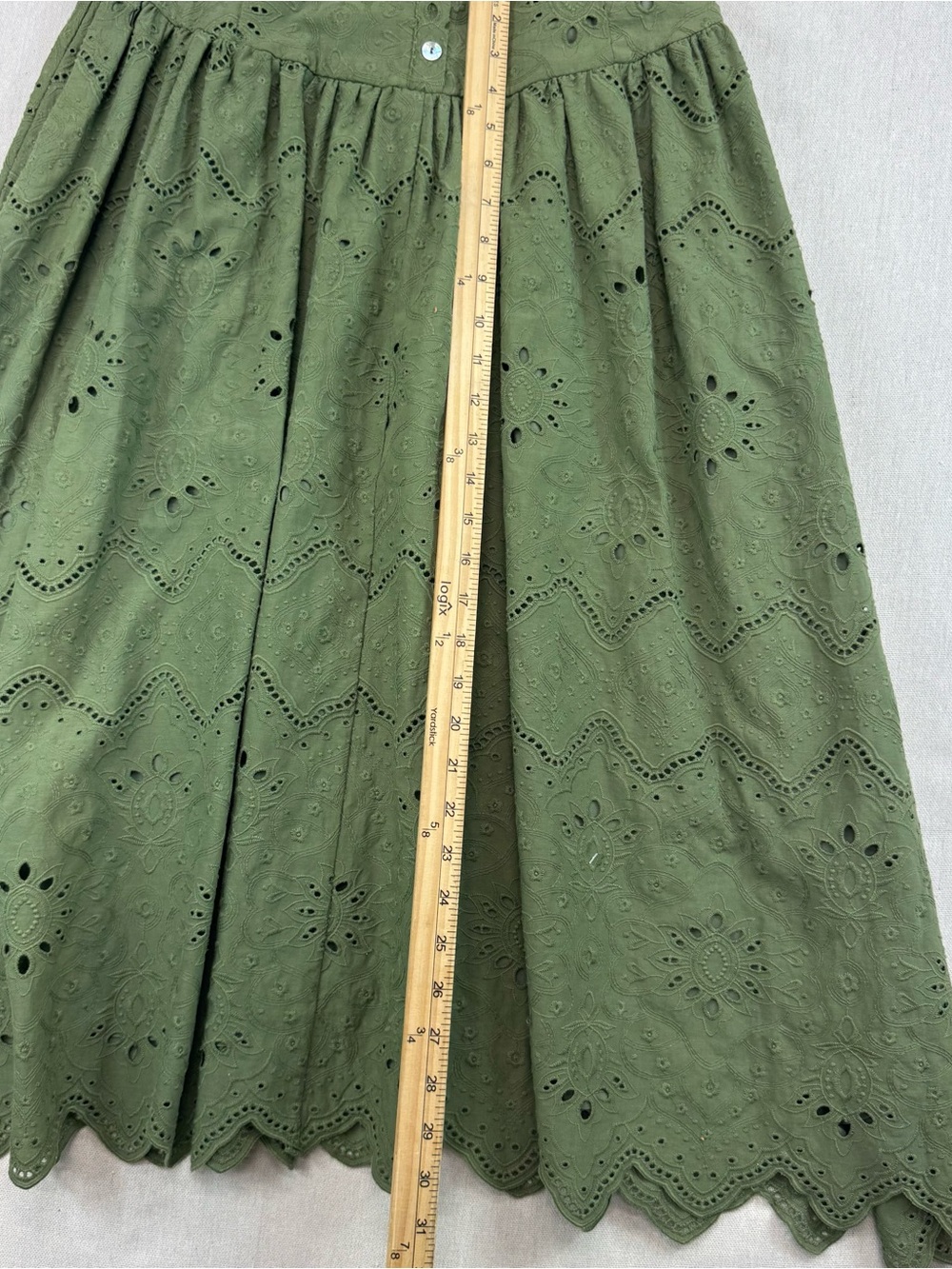 House Of Harlow 1960 Drop Waist Eyelet Faux Button Front Dress Olive Green Sz 6 - Picture 10 of 14